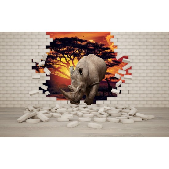 Wall mural 3D effect brick wall and rhino Wall mural 3D effect brick wall and rhino