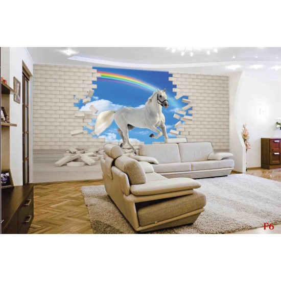 Wall mural 3D effect brick wall and white horse Wall mural 3D effect brick wall and white horse