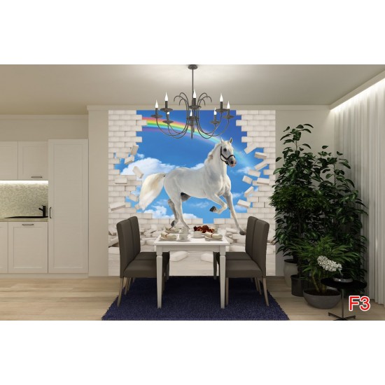 Wall mural 3D effect brick wall and white horse Wall mural 3D effect brick wall and white horse