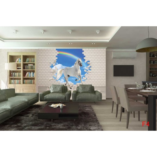 Wall mural 3D effect brick wall and white horse Wall mural 3D effect brick wall and white horse