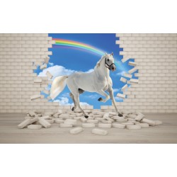 Wall mural 3D effect brick wall and white horse Wall mural 3D effect brick wall and white horse