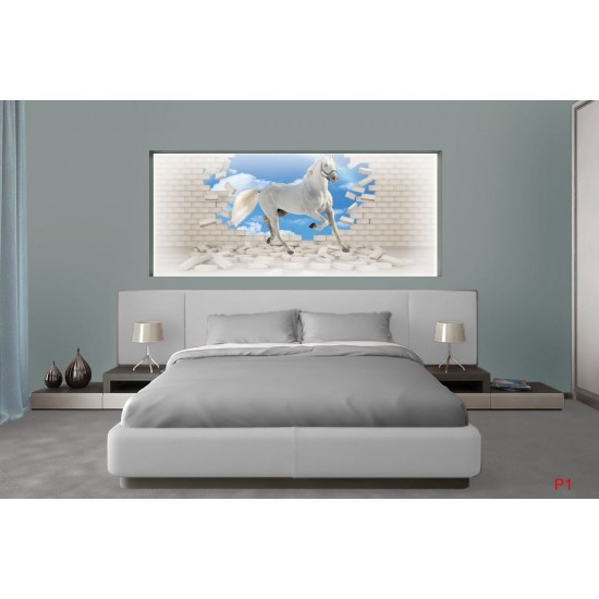 Wall mural 3D effect brick wall and white horse Wall mural 3D effect brick wall and white horse