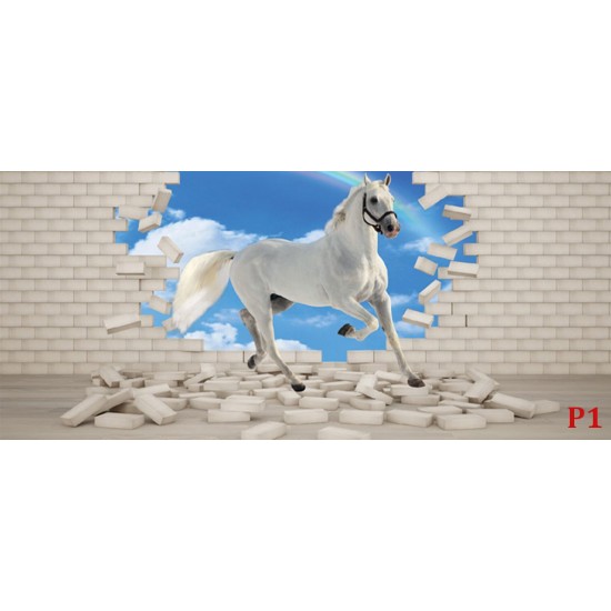 Wall mural 3D effect brick wall and white horse Wall mural 3D effect brick wall and white horse