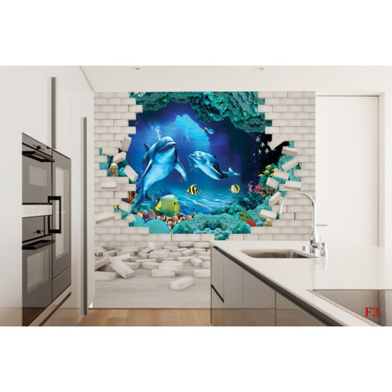 Wall mural 3D brick wall-aquarium with dolphins and fish