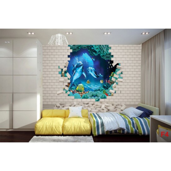 Wall mural 3D brick wall-aquarium with dolphins and fish
