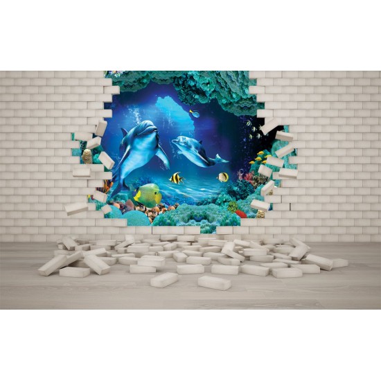 Wall mural 3D brick wall-aquarium with dolphins and fish