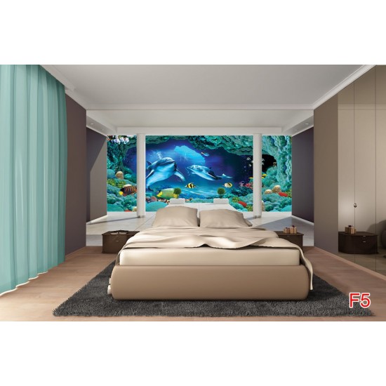 Wall mural 3D room wall with dolphins and seabed Wall mural 3D room wall with dolphins and seabed