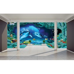 Wall mural 3D room wall with dolphins and seabed Wall mural 3D room wall with dolphins and seabed