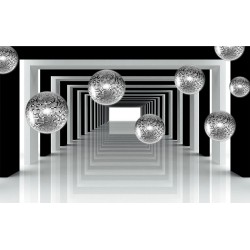 Photo murals contrast tunnel in black with and without spheres