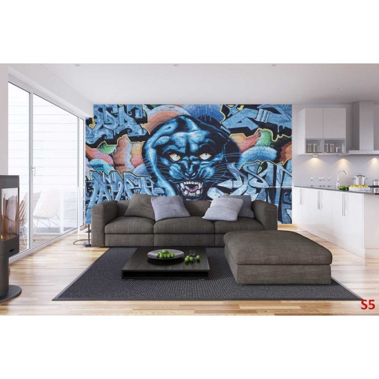 Wall murals brick wall witth graffiti and jaguar in 2 colors