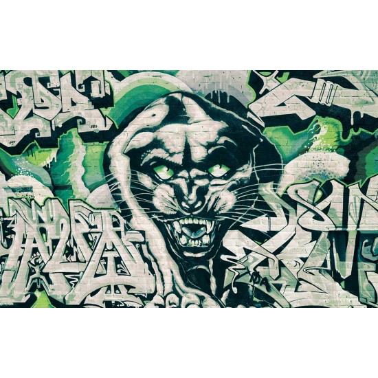 Wall murals brick wall witth graffiti and jaguar in 2 colors