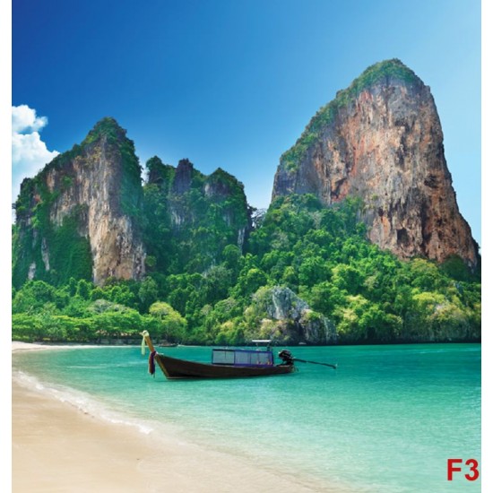 Wallpapers mural tropical beach with rocks and boat
