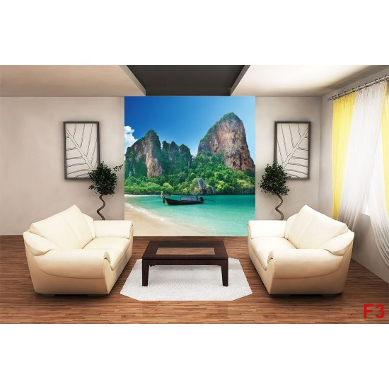 Wallpapers mural tropical beach with rocks and boat