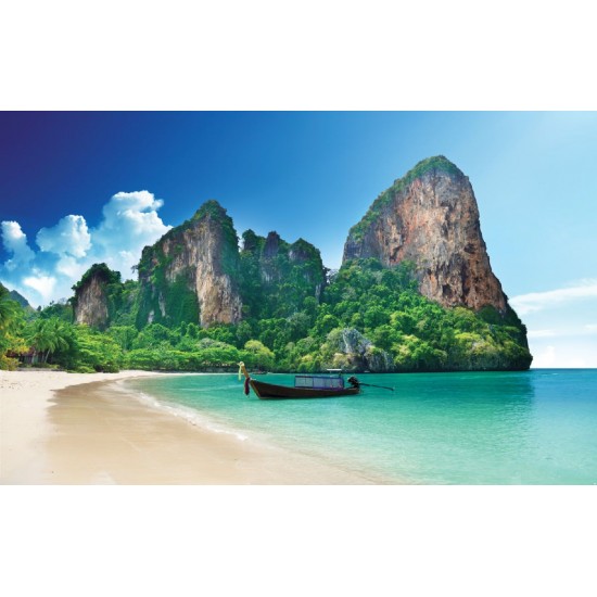 Wallpapers mural tropical beach with rocks and boat