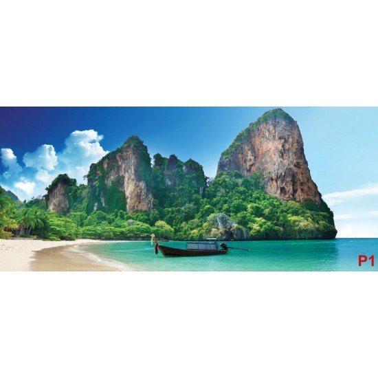 Wallpapers mural tropical beach with rocks and boat
