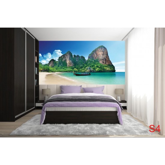 Wallpapers mural tropical beach with rocks and boat