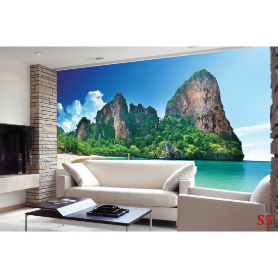 Wallpapers mural tropical beach with rocks and boat
