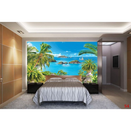 Wallpapers mural Sea view with palm trees in pots Wallpapers mural Sea view with palm trees in pots