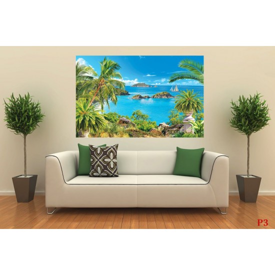 Wallpapers mural Sea view with palm trees in pots Wallpapers mural Sea view with palm trees in pots