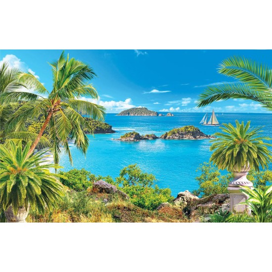 Wallpapers mural Sea view with palm trees in pots Wallpapers mural Sea view with palm trees in pots