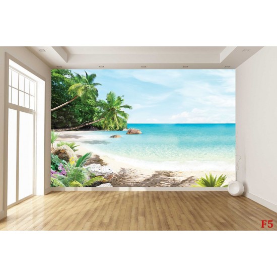 Wallpapers mural sea bay with palm trees and flowers