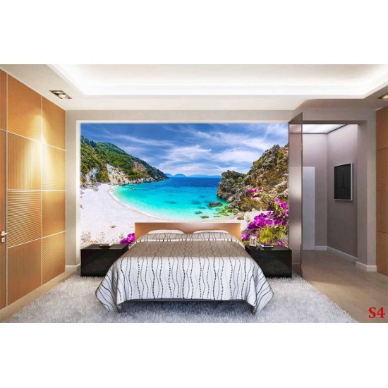 Photo mural sea bay beach with purple flowers