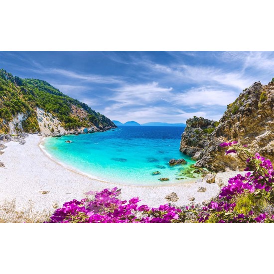Photo mural sea bay beach with purple flowers