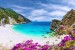 Photo mural sea bay beach with purple flowers