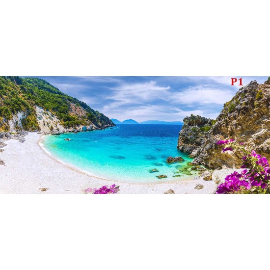 Photo mural sea bay beach with purple flowers