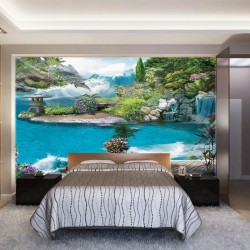 Wallpapers mural 3D effect of view with jumping dolphin and flowers