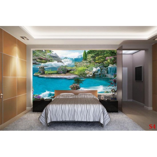 Wallpapers mural 3D effect of view with jumping dolphin and flowers Wallpapers mural 3D effect of view with jumping dolphin and flowers