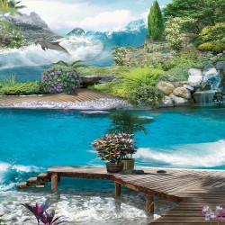Wallpapers mural 3D effect of view with jumping dolphin and flowers
