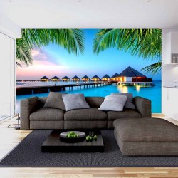 Wallpapers mural amazing night view Maldives with palm leaves