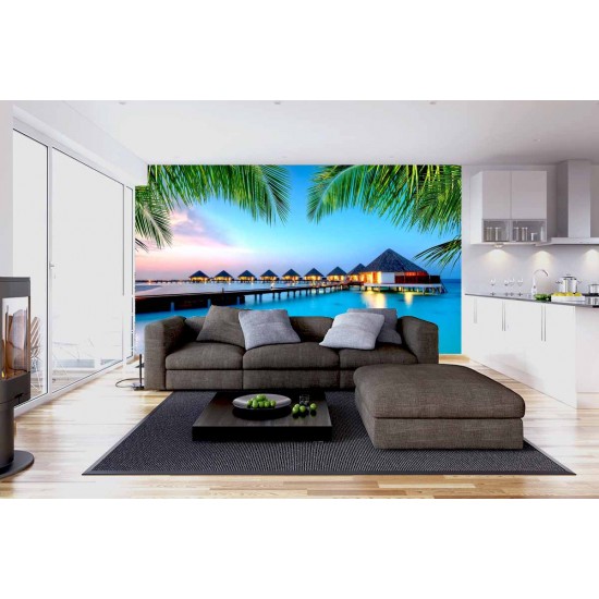 Wallpapers mural amazing night view Maldives with palm leaves