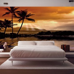 Wallpapers mural beautiful sea shore on sunset with palms Wallpapers mural beautiful sea shore on sunset with palms