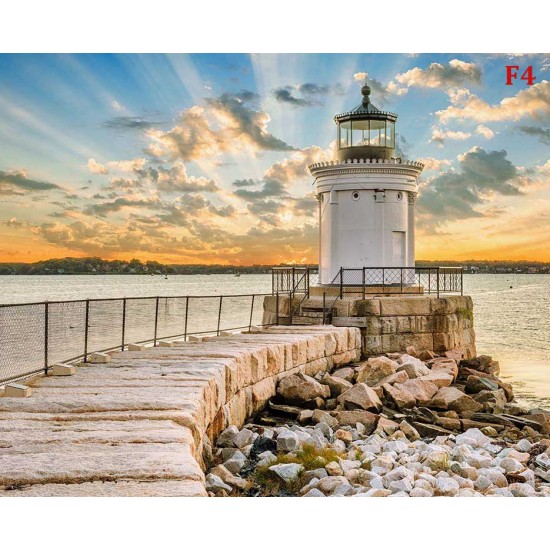 Photo mural white marine lighthouse near and sunset