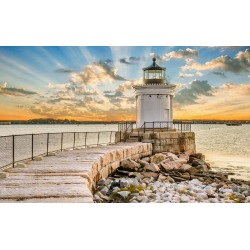 Photo mural white marine lighthouse near and sunset