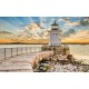 Photo mural white marine lighthouse near and sunset