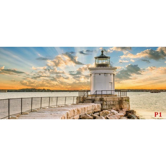 Photo mural white marine lighthouse near and sunset