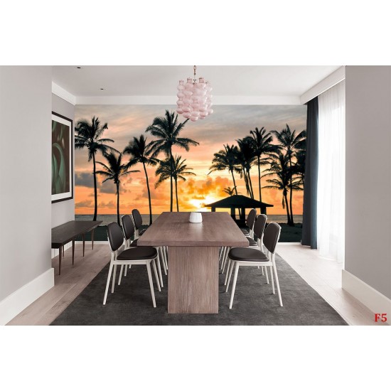 Wall murals sea coast palms with a city at night view