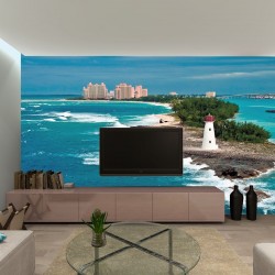 Wallpapers mural lighthouse with a beautiful town background Wallpapers mural lighthouse with a beautiful town background