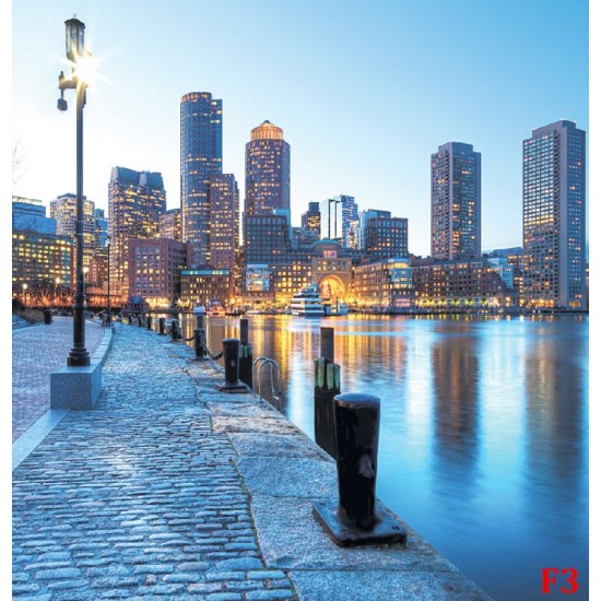 Photo mural city coast with a lamp on a blue background