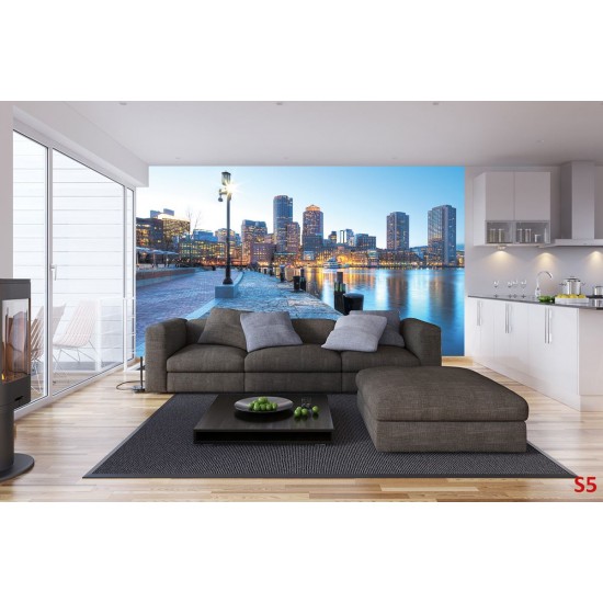 Photo mural city coast with a lamp on a blue background