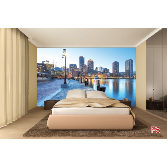 Photo mural city coast with a lamp on a blue background