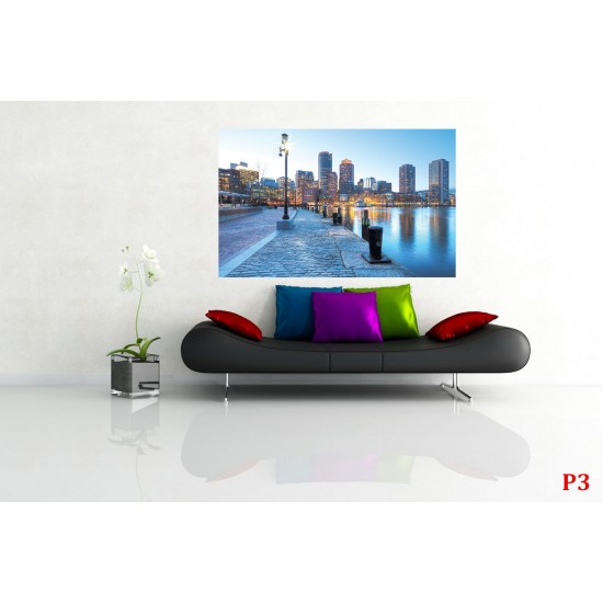 Photo mural city coast with a lamp on a blue background