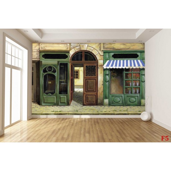 Wallpapers mural retro facade of shops painted green Wallpapers mural retro facade of shops painted green