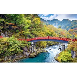 Wallpapers mountain landscape with red bridge over the river