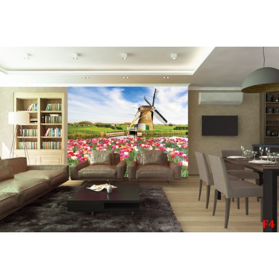 Wallpapers mural beautiful tulips with a windmill Wallpapers mural beautiful tulips with a windmill