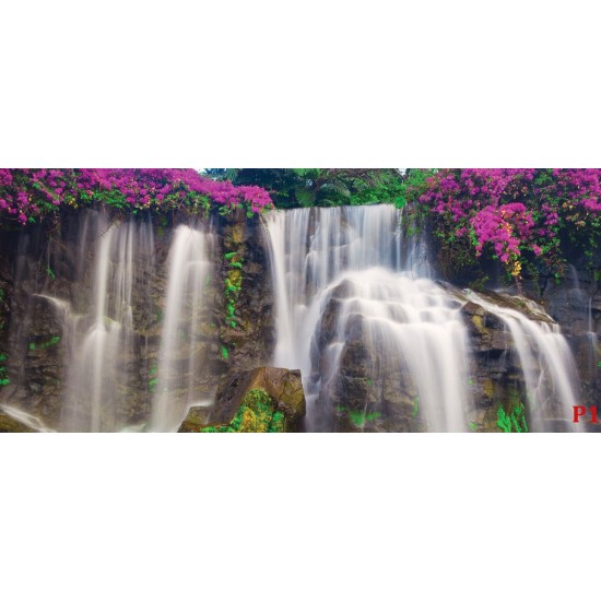 Wallpapers mural wonderful forest waterfall and pink flowers