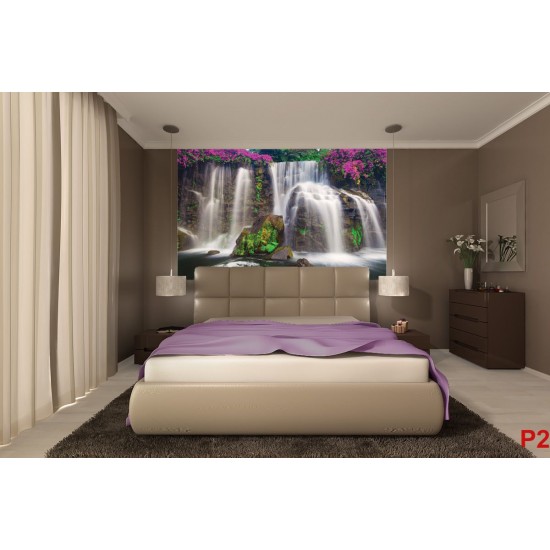 Wallpapers mural wonderful forest waterfall and pink flowers